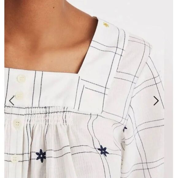 Madewell Loose Top Embroidered Windowpane Square-Neck Button-Down Small - Picture 2 of 9